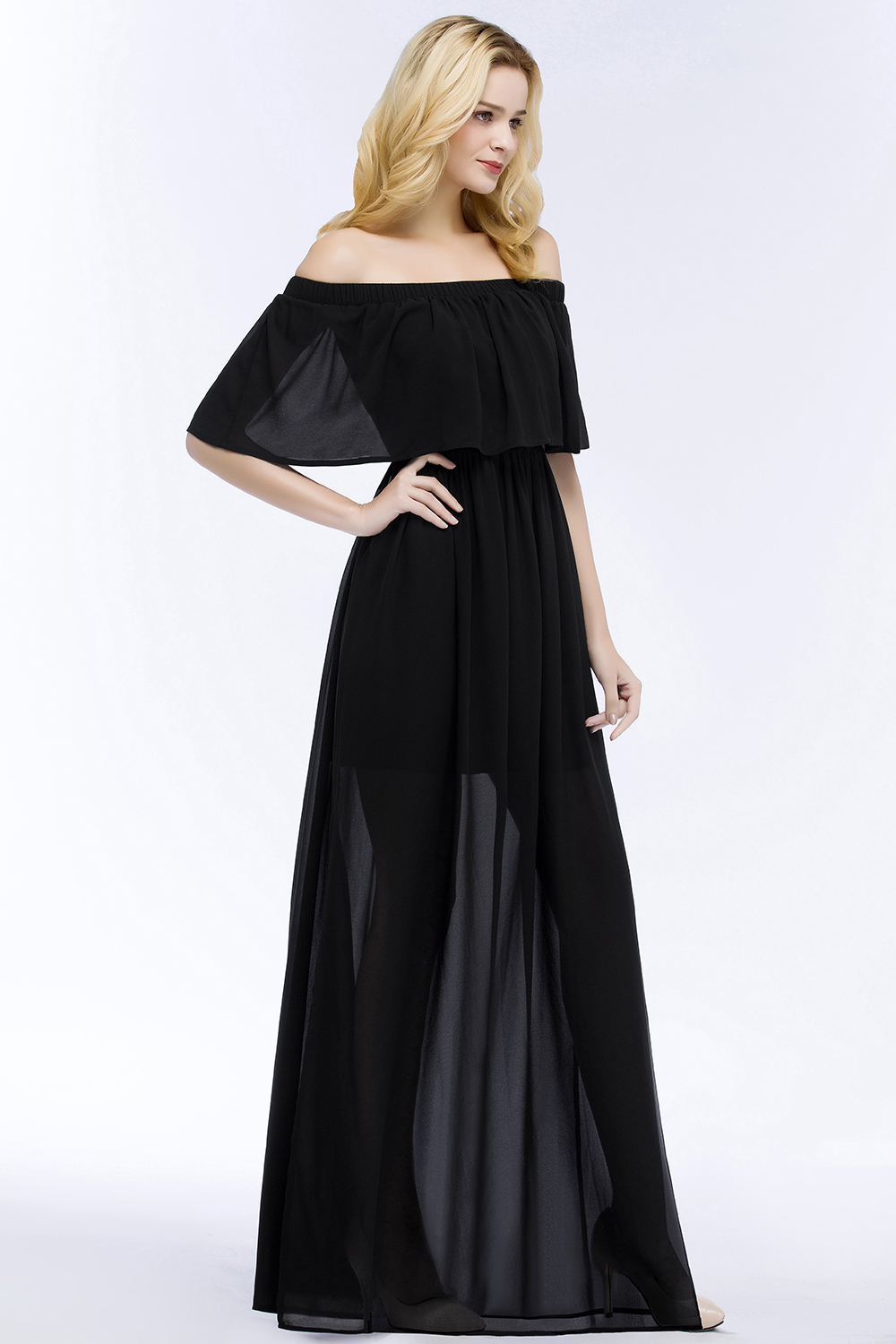 PANDORA | A-line Off-the-shoulder Floor Length Black Chiffon Bridesmaid Dresses-newarrivaldress