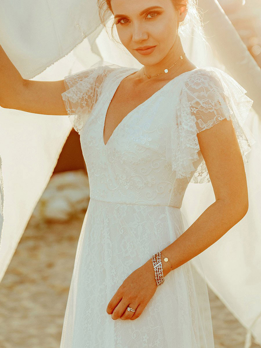 Simple Wedding Dress 2021 A Lne V Neck Short Sleeve Floor Length Tulle Beach Wedding Party Dresses Bridal Gowns-newarrivaldress