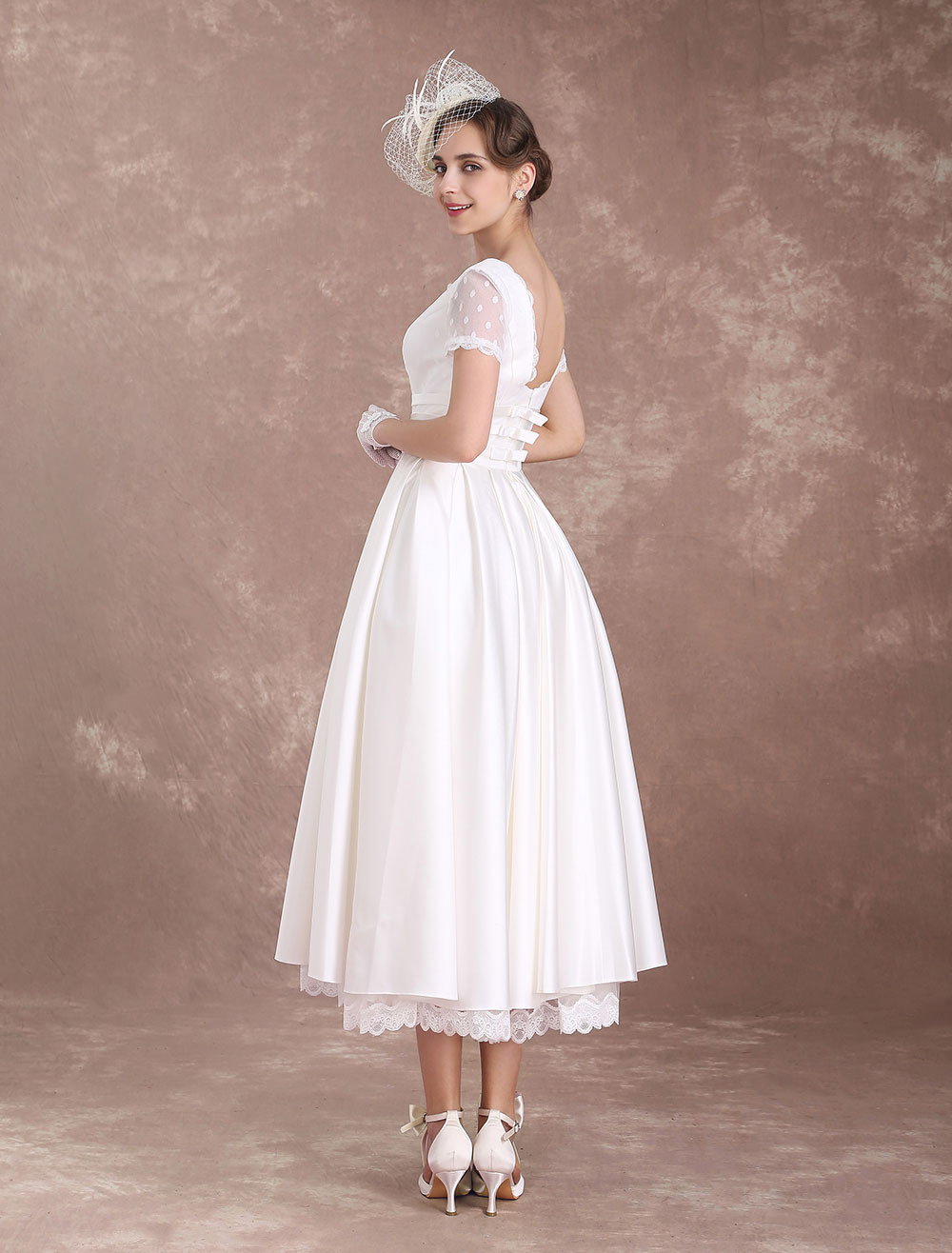 Vintage Wedding Dress Short Sleeve 1950'S Bridal Dress Backless Polka Dot Lace Trim Ivory Wedding Reception Dress Exclusive-newarrivaldress