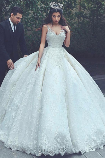 Online New Arrival Lace Latest V-neck Appliques Sexy Sleeveless Elegant Ball Gown Wedding Dresses-newarrivaldress
