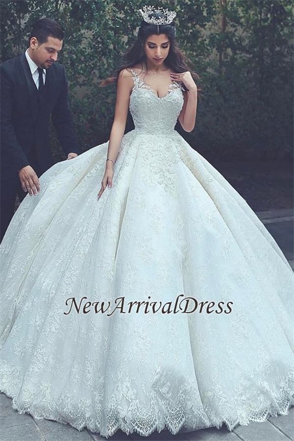 Online New Arrival Lace Latest V-neck Appliques Sexy Sleeveless Elegant Ball Gown Wedding Dresses-newarrivaldress