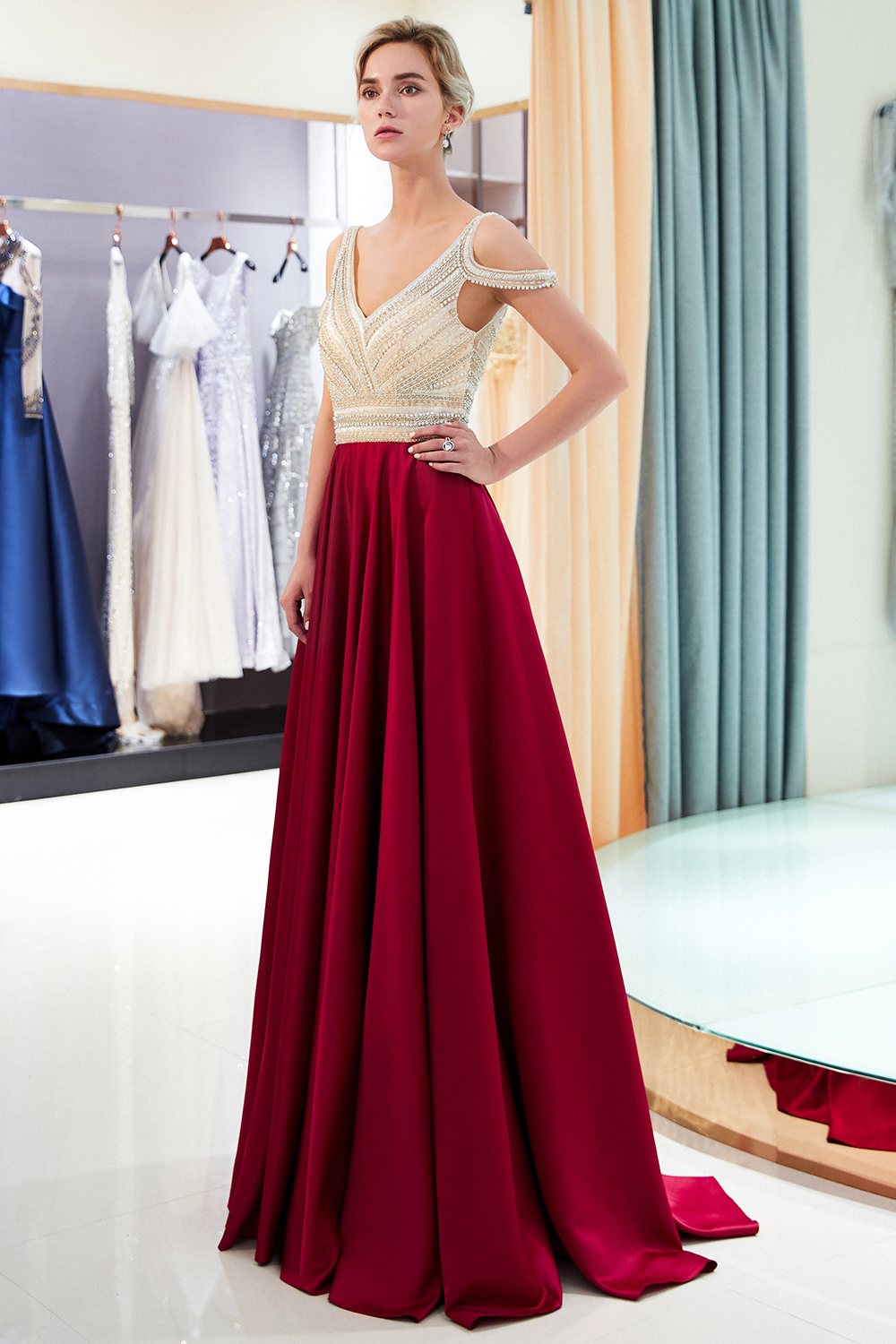 Burgundy A-line V-neck Sleeveless Crystal Beading Evening Dresses-newarrivaldress