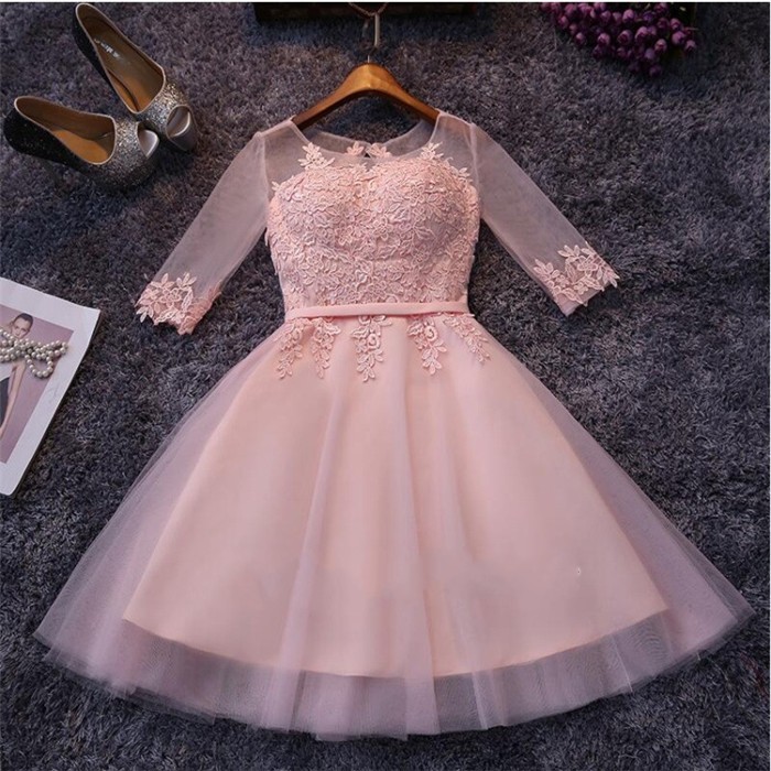 Appliques Tulle Half Sleeves Pink Sexy Short Homecoming Dresses-newarrivaldress