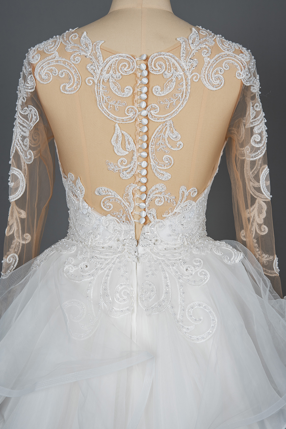 Long Sleeves Floral Lace Aline Wedding Dress Puffy Layers Bridal Dress with Sweep train-newarrivaldress