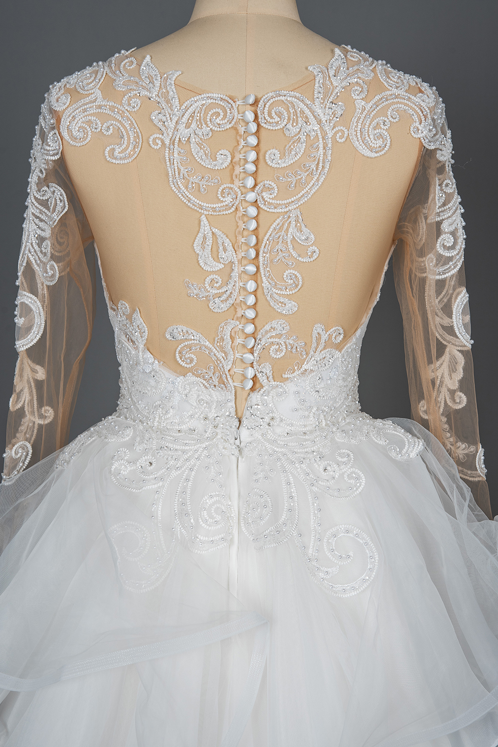 Long Sleeves Floral Lace Aline Wedding Dress Puffy Layers Bridal Dress with Sweep train-newarrivaldress