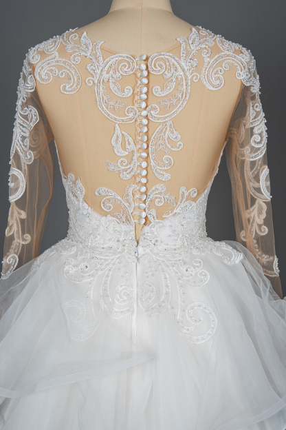 Long Sleeves Floral Lace Aline Wedding Dress Puffy Layers Bridal Dress with Sweep train-newarrivaldress