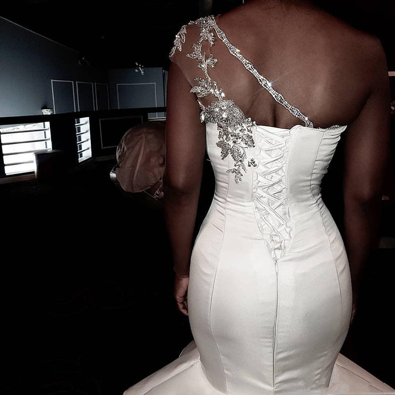 One Shoulder Sheer Tulle Wedding Dresses | Shiny Appliques Ruffles Bridal Gowns Online-newarrivaldress