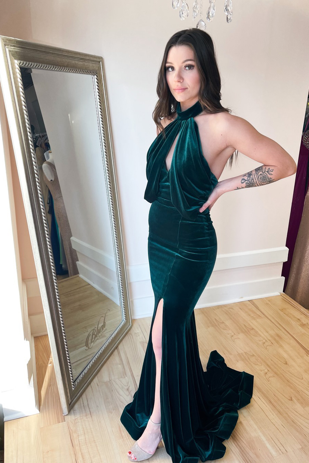 Halter Dark Green Velvet Side Slit Prom Dress Mermaid Party Dress-newarrivaldress