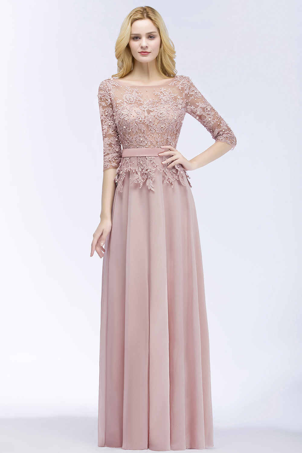 PAMELA | A-line Floor Length Half Sleeves Appliques Bridesmaid Dresses with Sash-newarrivaldress