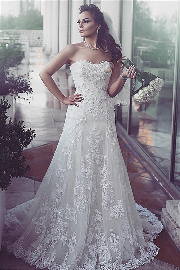 Sweetheart Sleeveless Sweep Train Elegent Lace Tulle Wedding Dresses-newarrivaldress