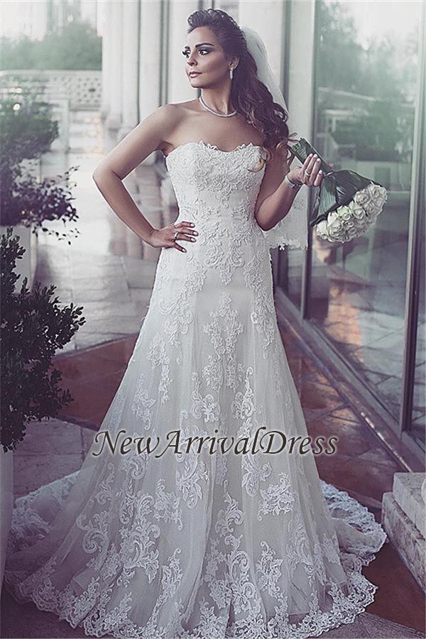Sweetheart Sleeveless Sweep Train Elegent Lace Tulle Wedding Dresses-newarrivaldress