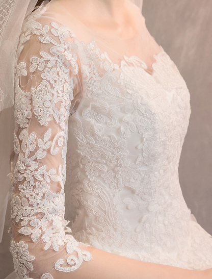Ivory Wedding Dresses Tulle Illusion Neckline Half Sleeve Floor Length Princess Bridal Gown-newarrivaldress