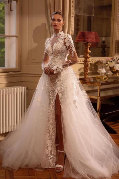 Long Sleeves White Lace Long Wedding Dress KeyHole Back Side Split with Detachable Sweep Train-newarrivaldress