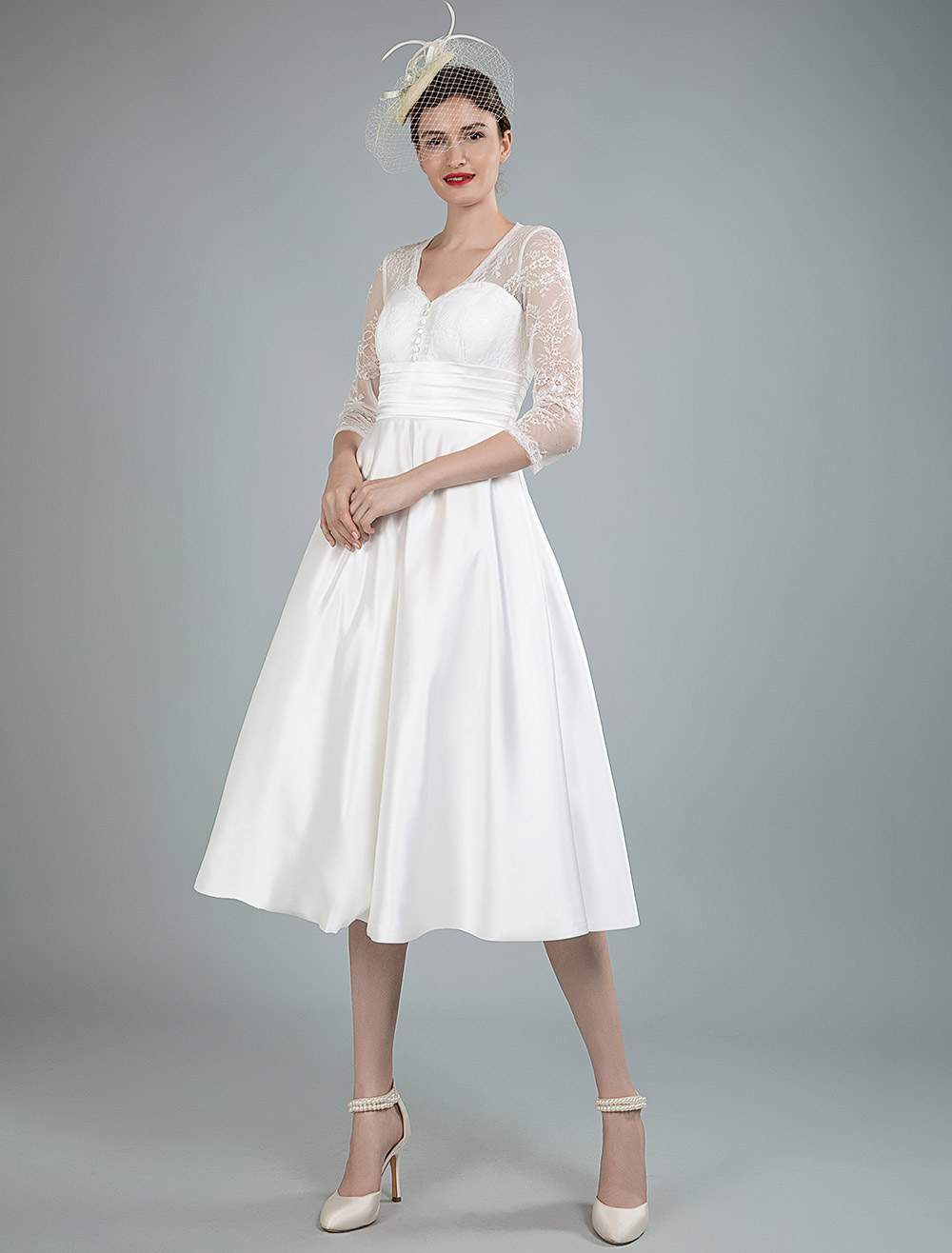 Short Wedding Dresses V Neck 3/4 Length Sleeves A Line Tea Length Traditional Bridal Dresses-newarrivaldress