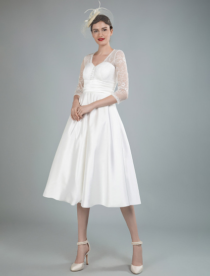 Short Wedding Dresses V Neck 3/4 Length Sleeves A Line Tea Length Traditional Bridal Dresses-newarrivaldress