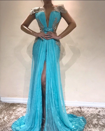 Sexy Mermaid Blue Evening Dresses | Slit Capped Sleeves Sequins Pageant Dresses