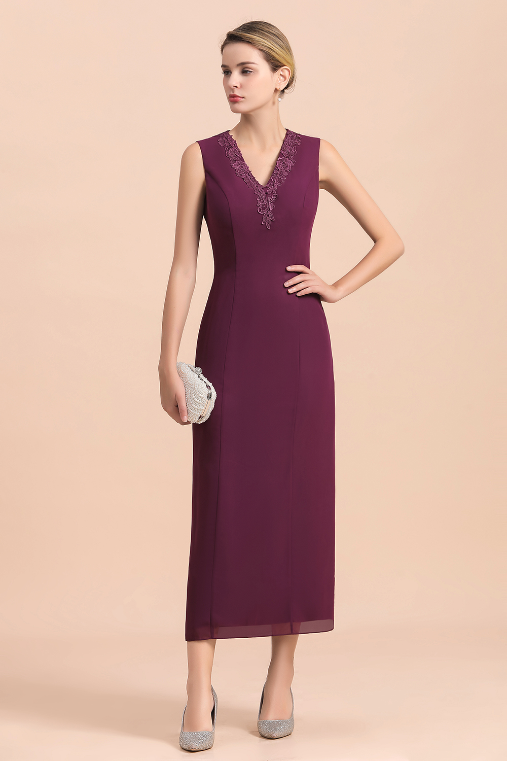 Grape Chiffon 2 Piece Mother of Bride Dress with Wraps Lace Appliques Wedding Guest Suits-newarrivaldress