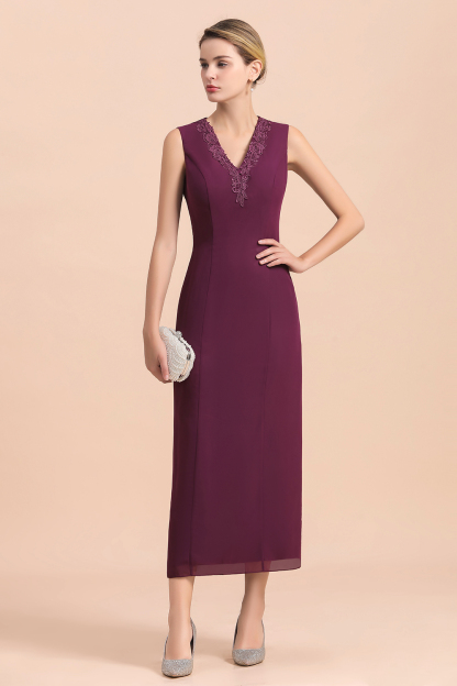 Grape Chiffon 2 Piece Mother of Bride Dress with Wraps Lace Appliques Wedding Guest Suits-newarrivaldress