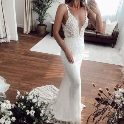 V-neck Spaghetti Straps Lace Appliques Wedding Dresses | Mermaid Floor Length Bridal Gowns-newarrivaldress