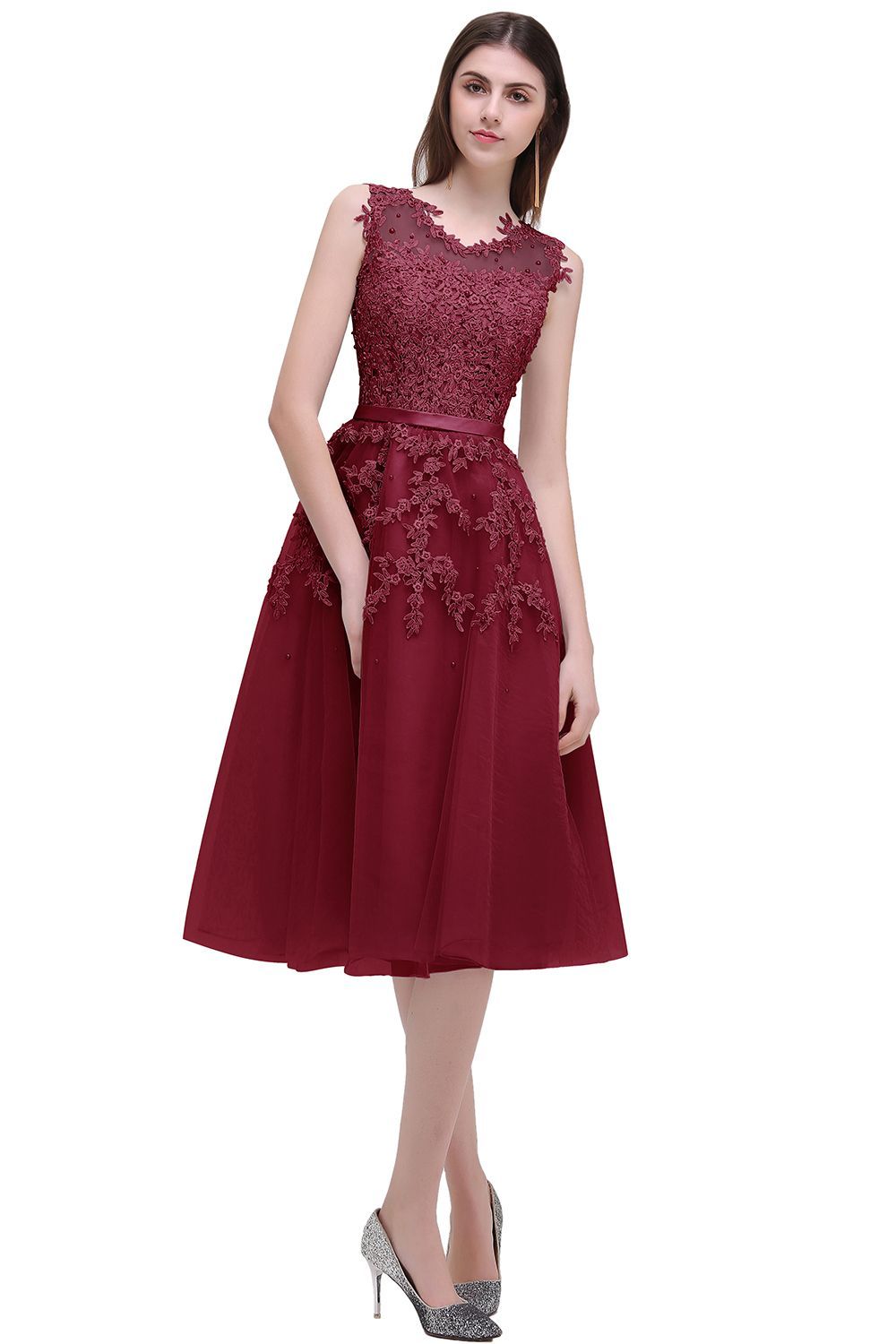 Tea-Length A-line Lace Appliques Beaded Party Dresses Sleeveless Short Homecoming Dresses-newarrivaldress