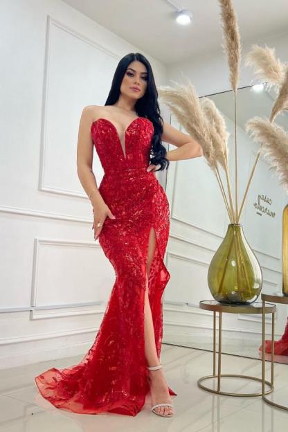 Sexy Deep V-Neck Red Sequins Long Evening Dress with Sweep Train-newarrivaldress