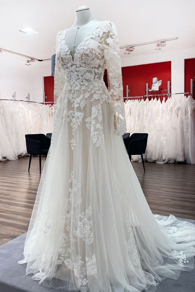 Romantic White Long Sleeves Wedding Dress Floral Lace Aline Bridal Dress-newarrivaldress