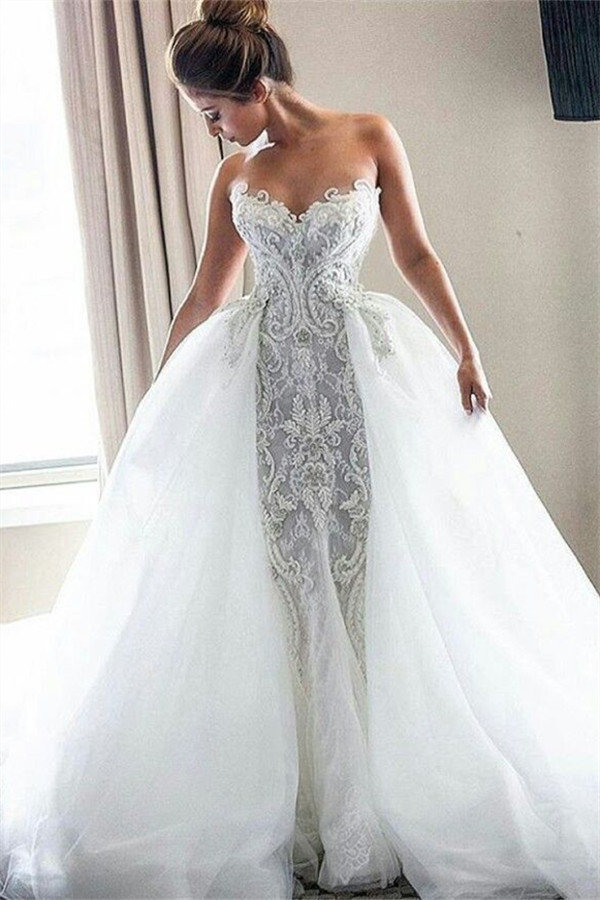Strapless Sexy Lace Wedding Dresses | Puffy Tulle Overskirt Bride Dresses-newarrivaldress