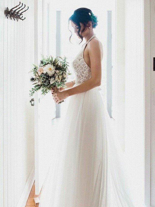 Sexy Lace Sleeveless Tulle Floor Length Bridal Gowns | Sexy Halter Wedding Dresses Online-newarrivaldress