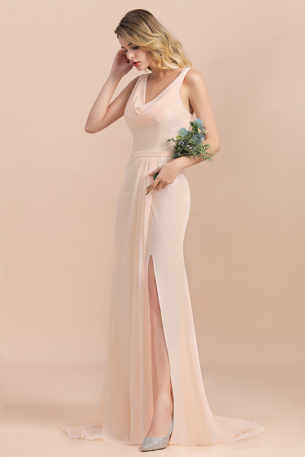 Elegant Champagne Soft Chiffon Long Bridesmaid Dress with Front Slit-newarrivaldress