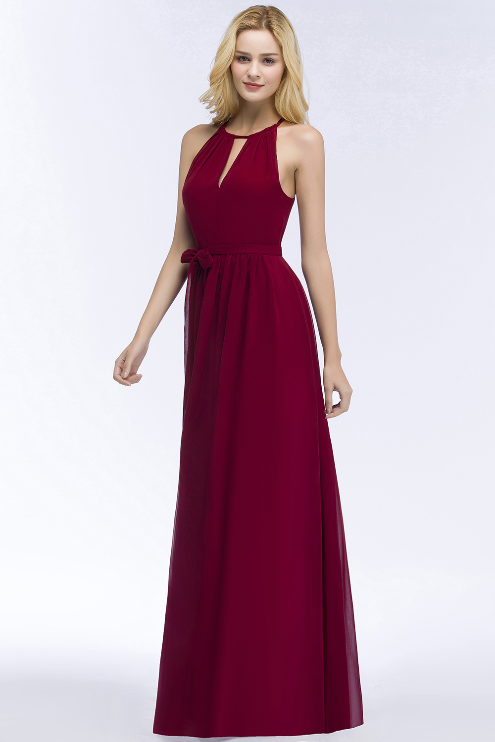 ROSALIND | A-line Halter Floor Length Burgundy Bridesmaid Dresses with Bow Sash-newarrivaldress
