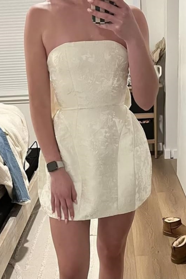 Chic Strapless Ruffle Satin Sheath Prom Dress Short Homecoming Dresses with Bow-newarrivaldress