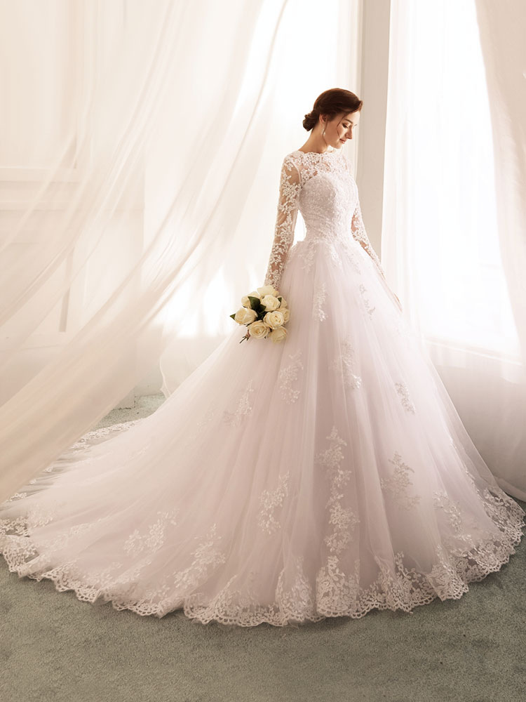 Wedding Dresses 2021 Princess Silhouette Bateau Neck Long Sleeve Natural Waist Lace Tulle Bridal Gowns-newarrivaldress