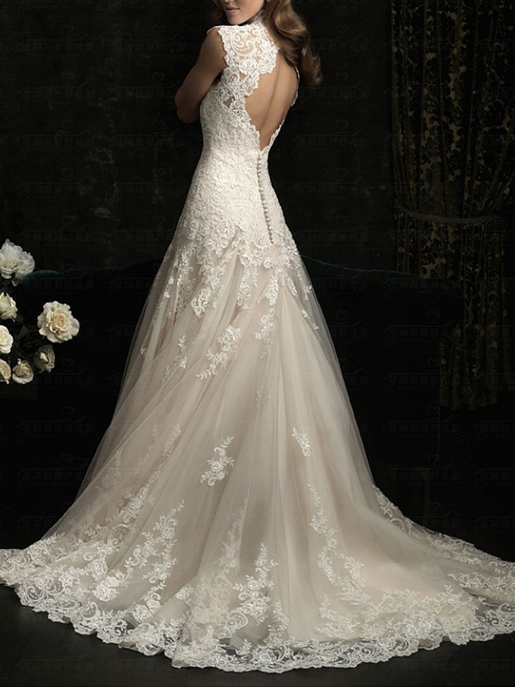 Simple Wedding Dress 2021 Lace V Neck Sleeveless Floor Length Backless Tulle Bridal Gowns With Train-newarrivaldress