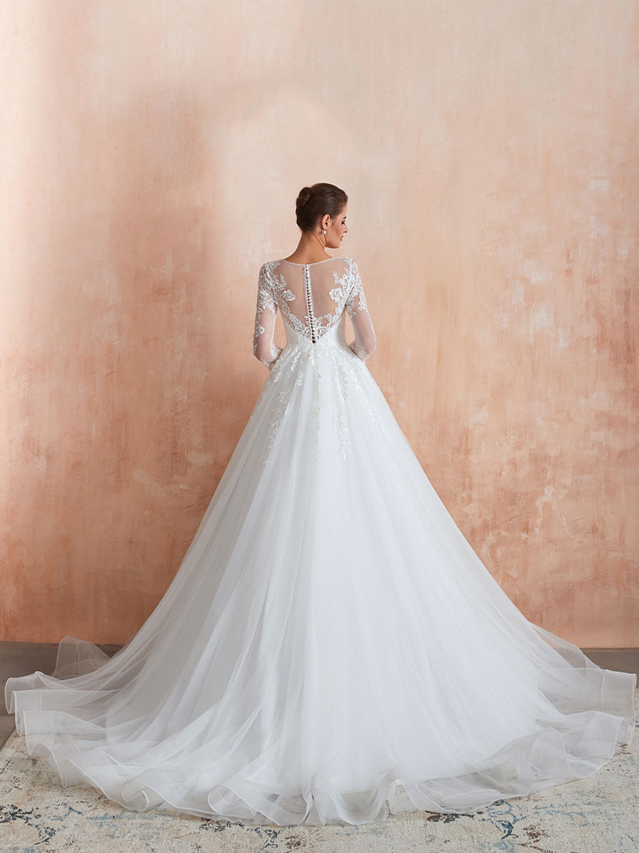 Wedding Gown 2021 3/4 Sleeve Jewel Neck Lace Appliqued Beaded Ball Gown Bridal Wedding Dress With Train-newarrivaldress
