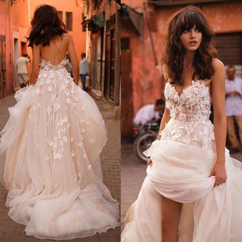 Flowers Tulle Glamorous V-Neck Sleeveless Wedding Dresses-newarrivaldress