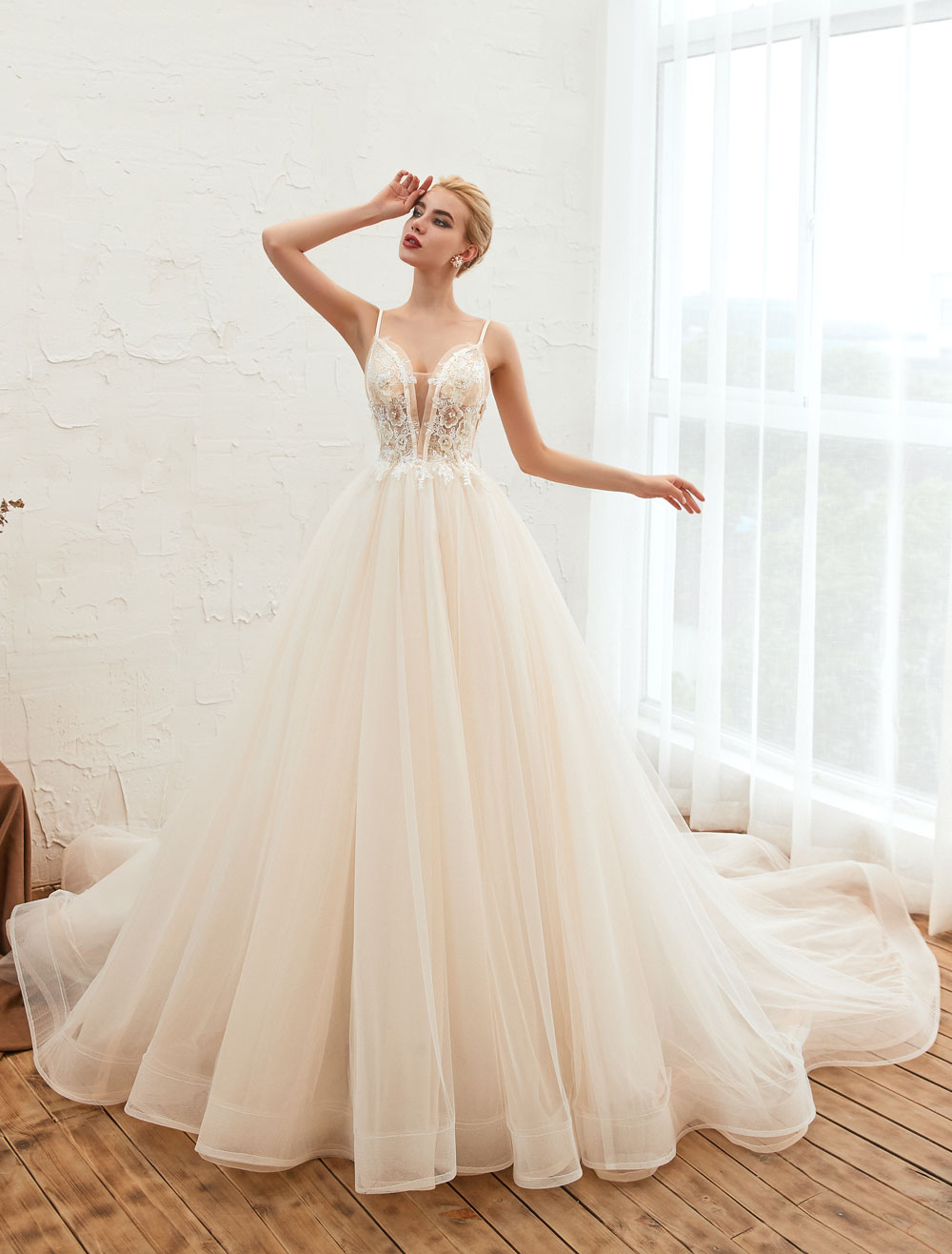 Wedding Dress 2021 A Line V Neck Sleeveless Natural Waist With Train Tulle Bridal Gowns-newarrivaldress