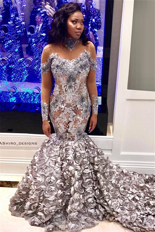 Mermaid Off-the-Shoulder Long-Sleeves Long Prom Dress with Flower-newarrivaldress