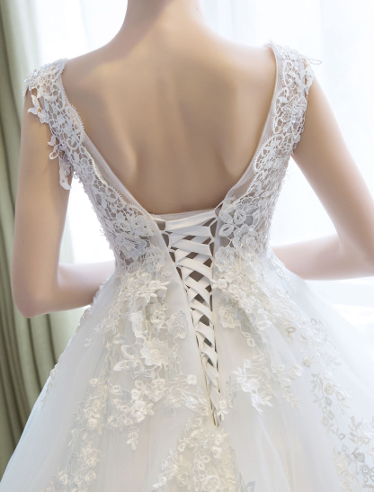 Wedding Dresses Princess Ball Gown Ivory Bridal Gown V Neck Illusion Backless Lace Applique Tulle Bridal Dress With Train-newarrivaldress