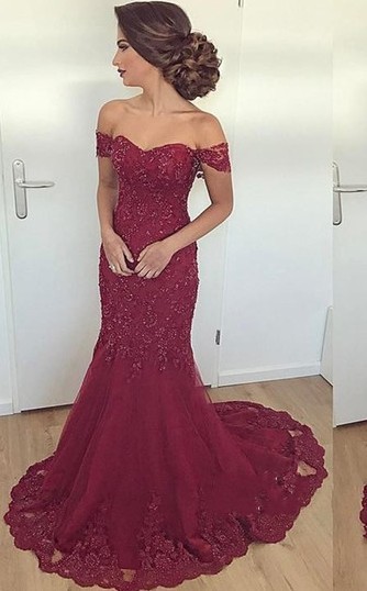 Lace Glamorous Burgundy Mermaid Appliques Long Off-the-Shoulder Evening Dress-newarrivaldress