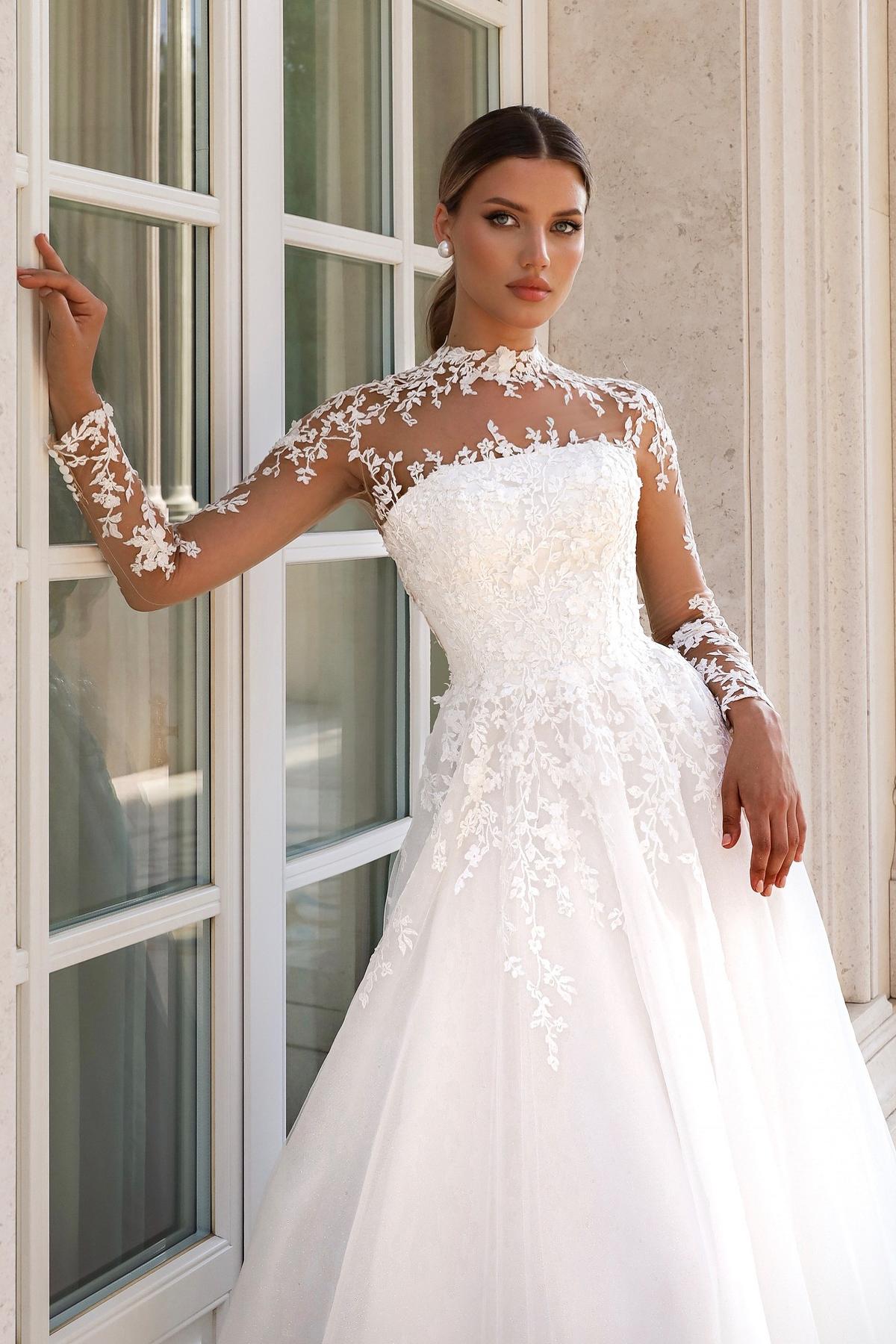 Gorgeous Long Sleeves White Aline Wedding Dresses High Neck Tulle Lace Bridal Dress-newarrivaldress