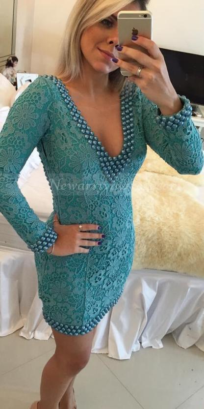 Sheath V-neck Short/Mini Long Sleeve Prom Dresses-newarrivaldress