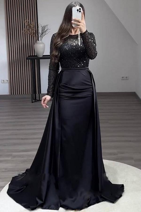 Gorgeous Long Sleeves Satin Mermaid Prom Dress Jewel Neck Glitter Sequins Evening Dress with Train-newarrivaldress