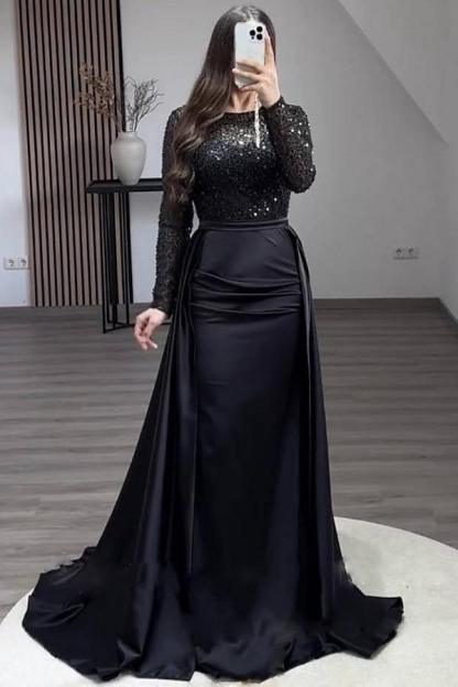 Gorgeous Long Sleeves Satin Mermaid Prom Dress Jewel Neck Glitter Sequins Evening Dress with Train-newarrivaldress