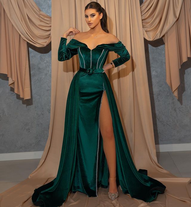 Off-the-Shoulder Sleeves Dark Green Mermaid Prom Dress with Side Slit-newarrivaldress