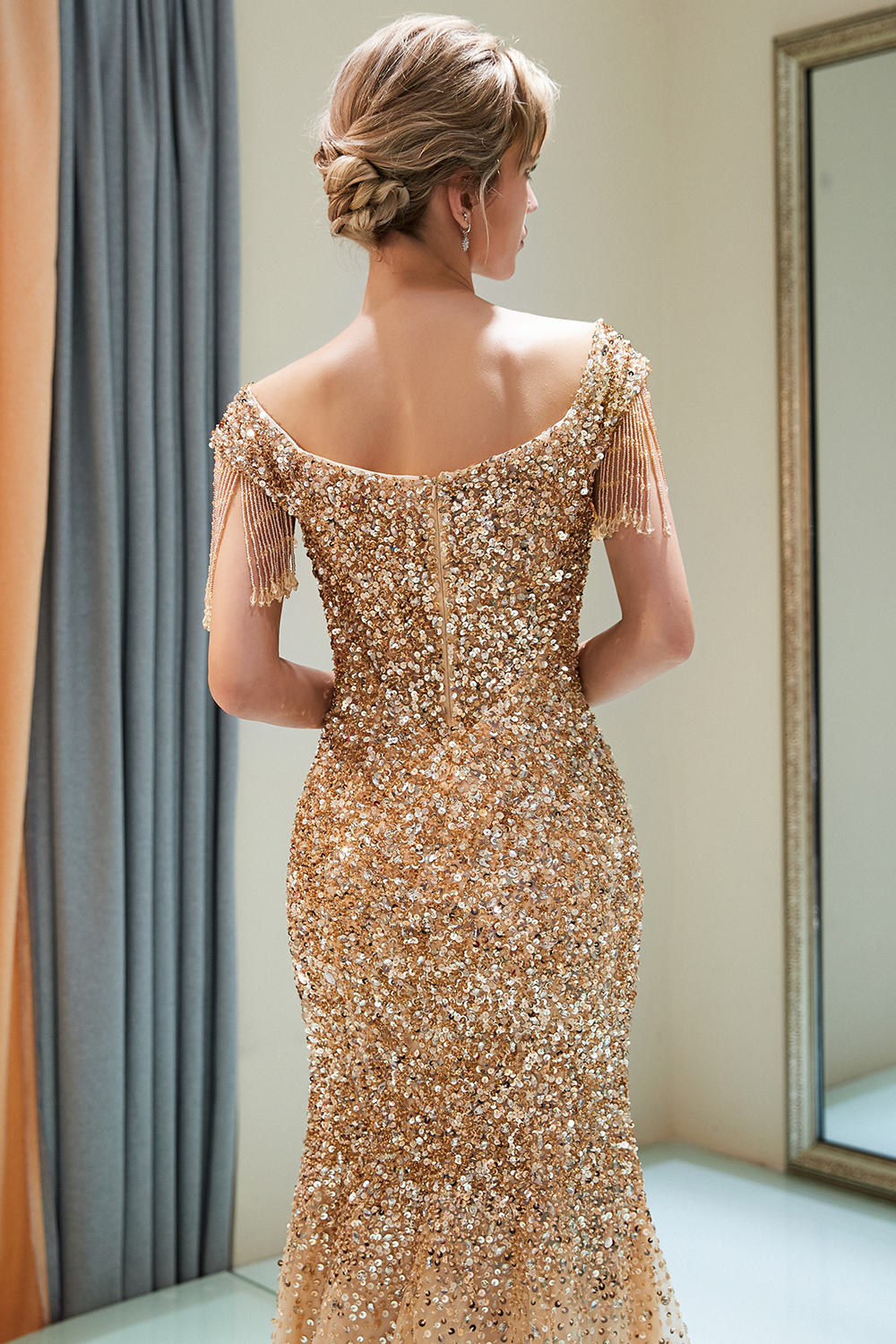Off-the-shoulder V-neck Mermaid Floor Length Sequins Evening Dresses-newarrivaldress