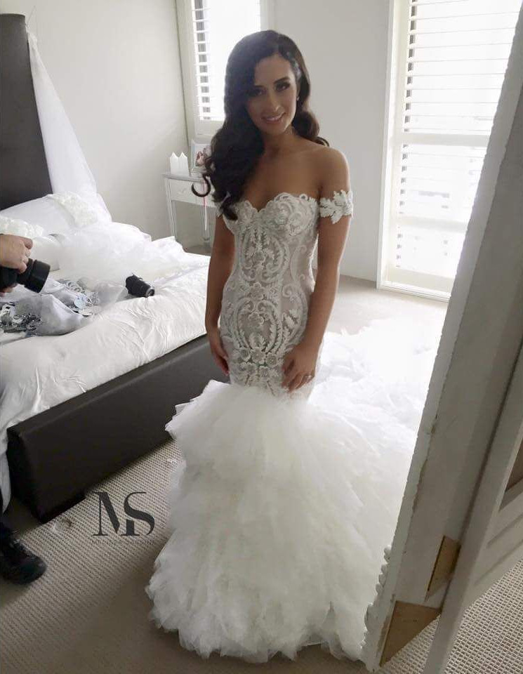 Off The Shoulder Mermaid Wedding Dresses | Online Long Train Bridal Gowns With Ruffles-newarrivaldress