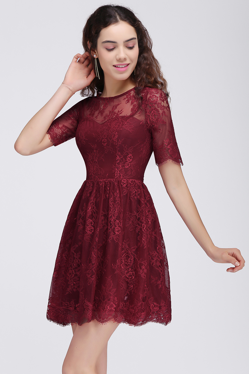 BRITTANY | A-Line Round Neck Short Lace Burgundy Homecoming Dresses-newarrivaldress