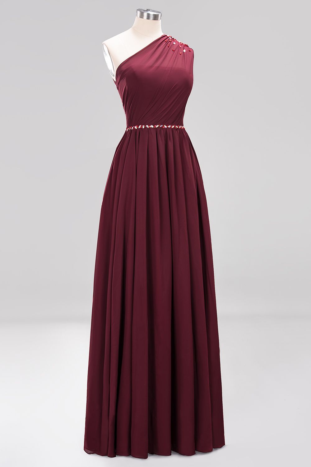 Elegant A-Line Burgundy Chiffon One-Shoulder Sleeveless Ruffles Floor-Length Bridesmaid Dresses with Beadings-newarrivaldress