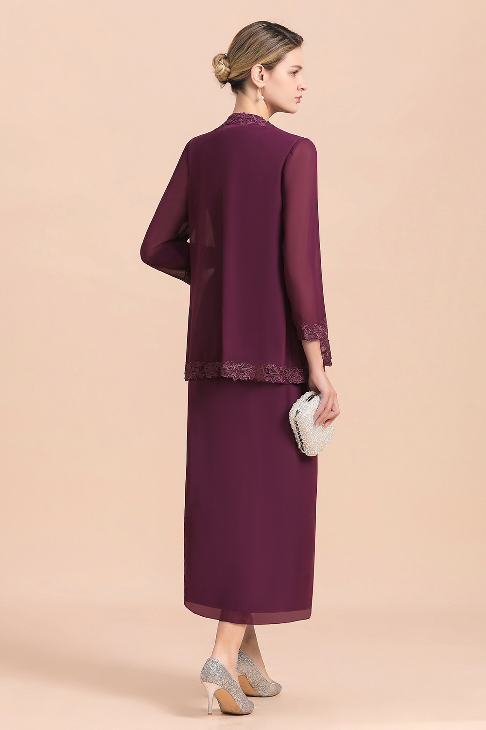 Grape Chiffon 2 Piece Mother of Bride Dress with Wraps Lace Appliques Wedding Guest Suits-newarrivaldress