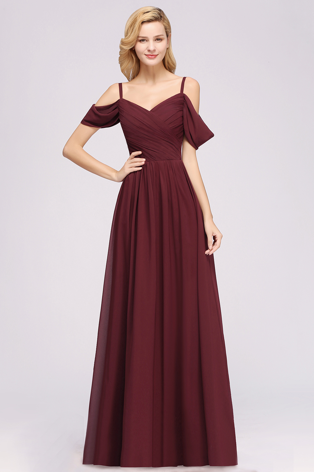 Chiffon V-Neck Spaghetti Straps Short-Sleeves Floor-Length Bridesmaid Dresses with Ruffles-newarrivaldress